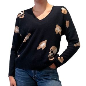 Skull Cashmere 100% Cashmere Navy Leopard Lightweight Knit V Neck Sweater Small